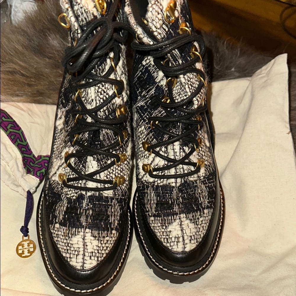 Tory Burch Black and White Lace Up Boots